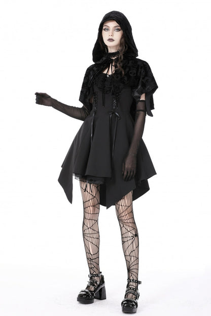 Velvet Hooded Cape with Skull Lace-Up Front