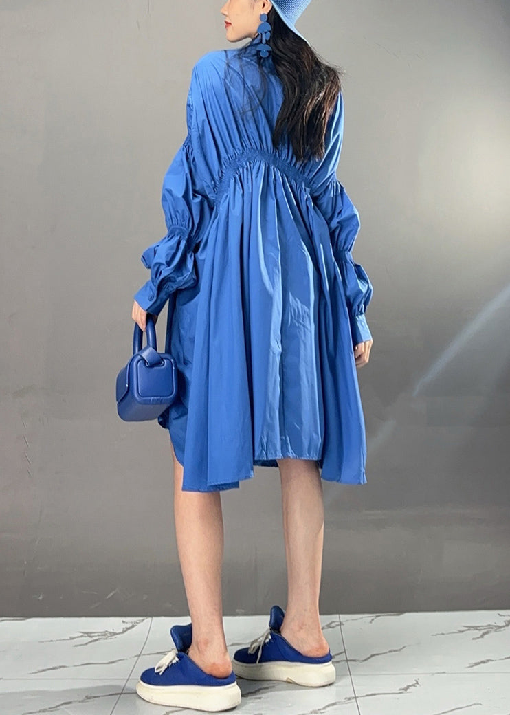 Art Blue Asymmetrical Wrinkled Button Cotton Dress Fall AJ1032