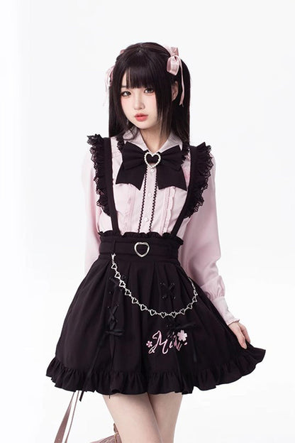 Ebony Embroidered Ruffle Lace-Up Jirai Skirt - Hatsune Miku