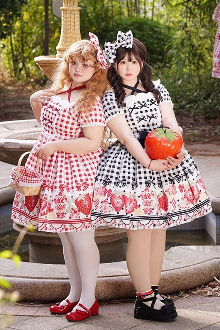 Crimson Sweet Plus Size Lolita Dress with Strawberry Plaid and Bow