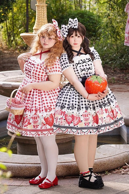 Crimson Sweet Plus Size Lolita Dress with Strawberry Plaid and Bow