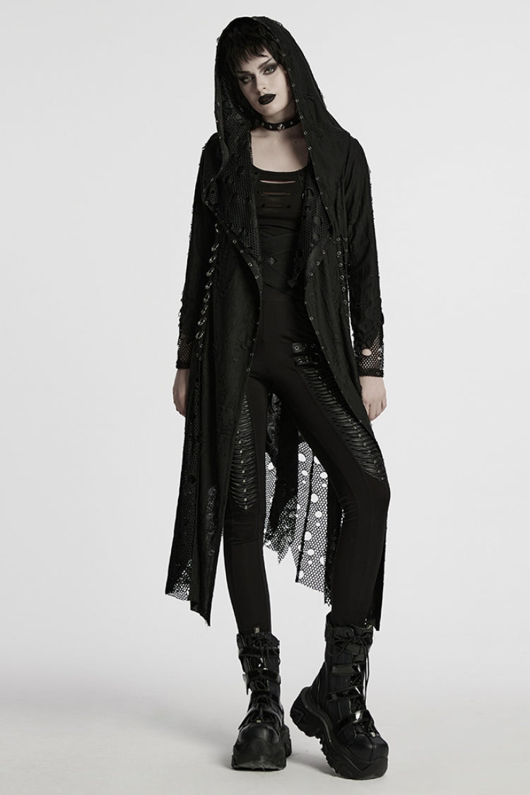 Ebony Long-Sleeve Hooded Sheer Ripped Gothic Coat
