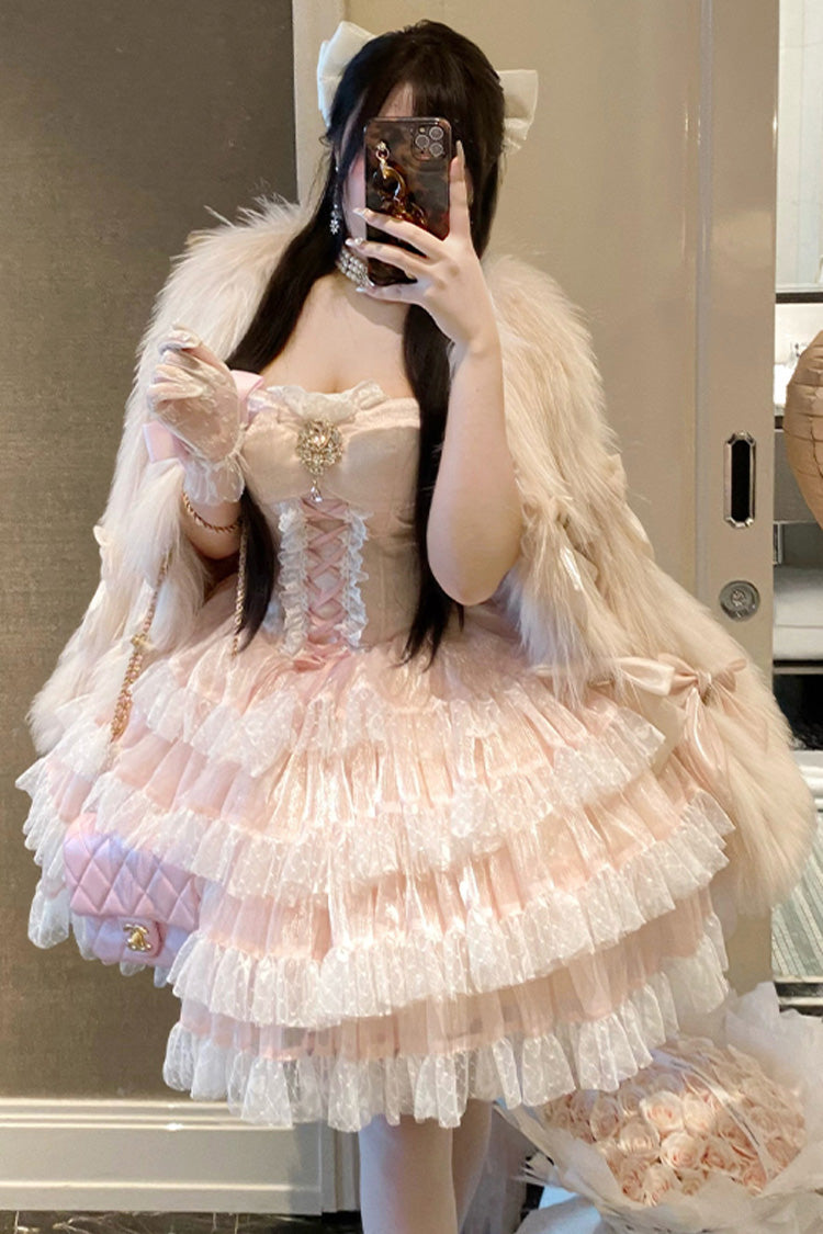 Blush Off-Shoulder Sleeveless Layered Ruffle Bow Lace-Up Princess Gown - Heartbeat at First Sight