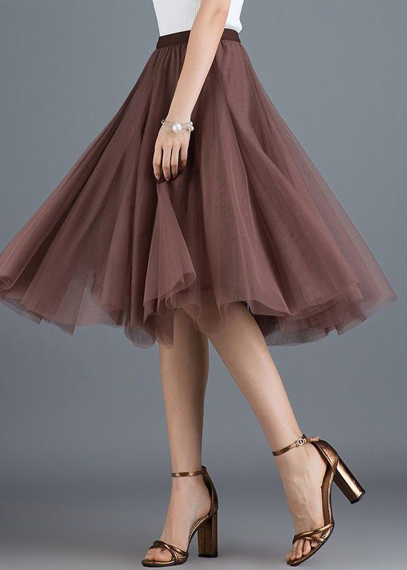 Fashion Brown High Waist Exra Large Hem Tulle Pleated Skirt Spring TT1034