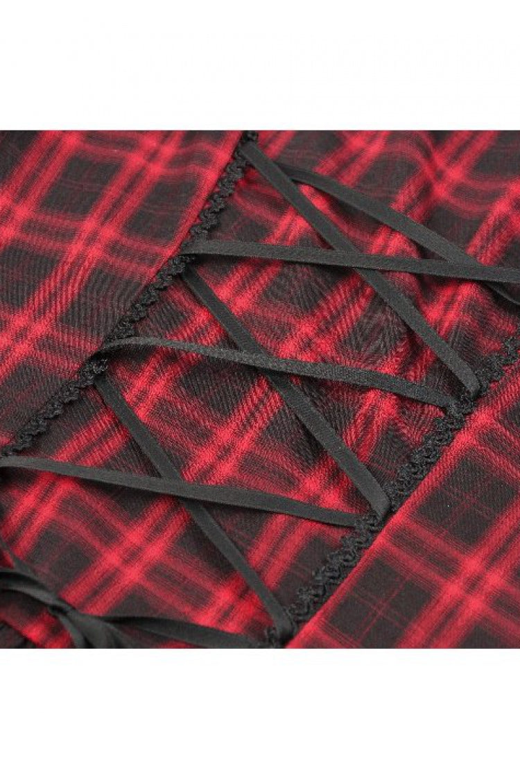 Crimson & Charcoal Tartan Notch Collar Cutout Short Sleeve Laced Punk Retro Mini Dress