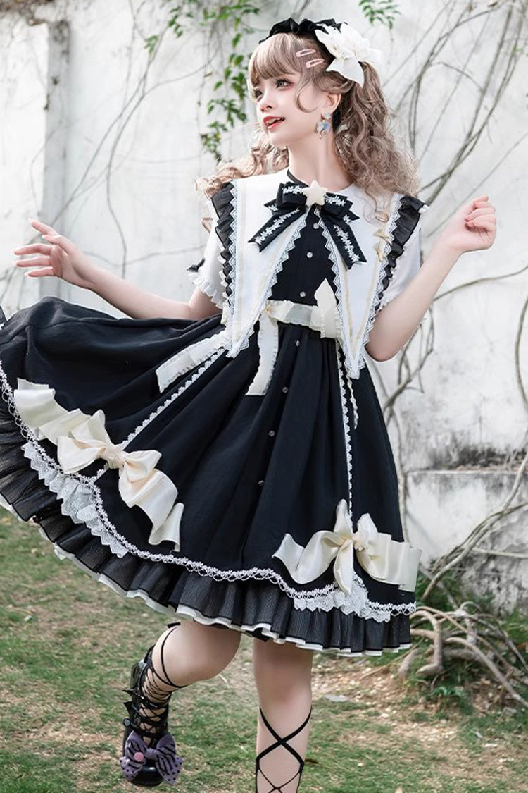 Sweet Lolita Ruffle Lace Stitch Dress with Bow