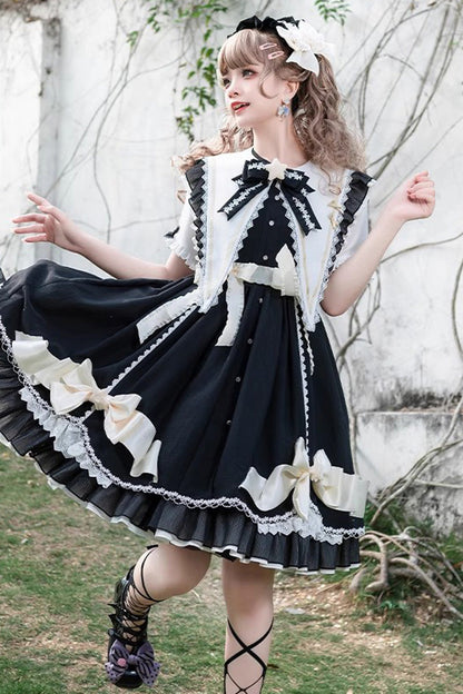 Sweet Lolita Ruffle Lace Stitch Dress with Bow