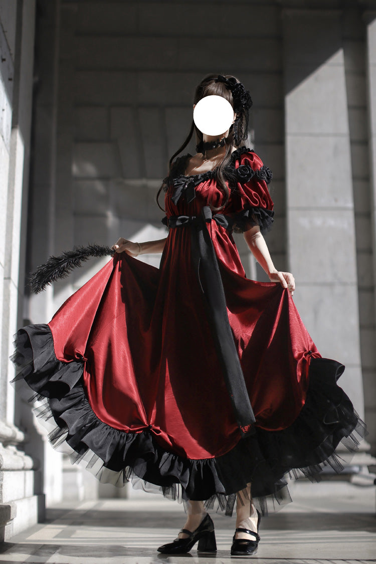 Crimson Square-Neck Vintage Lolita Dress with Ruffles and Bowknot