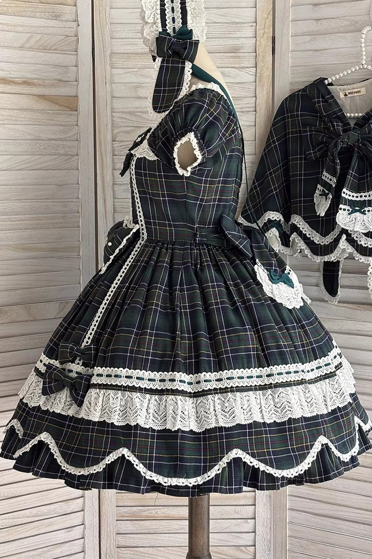 Emerald Gingham Petal Bunny Short-Sleeve Ruffled Bow OP Dress