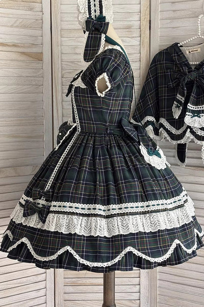 Emerald Gingham Petal Bunny Short-Sleeve Ruffled Bow OP Dress