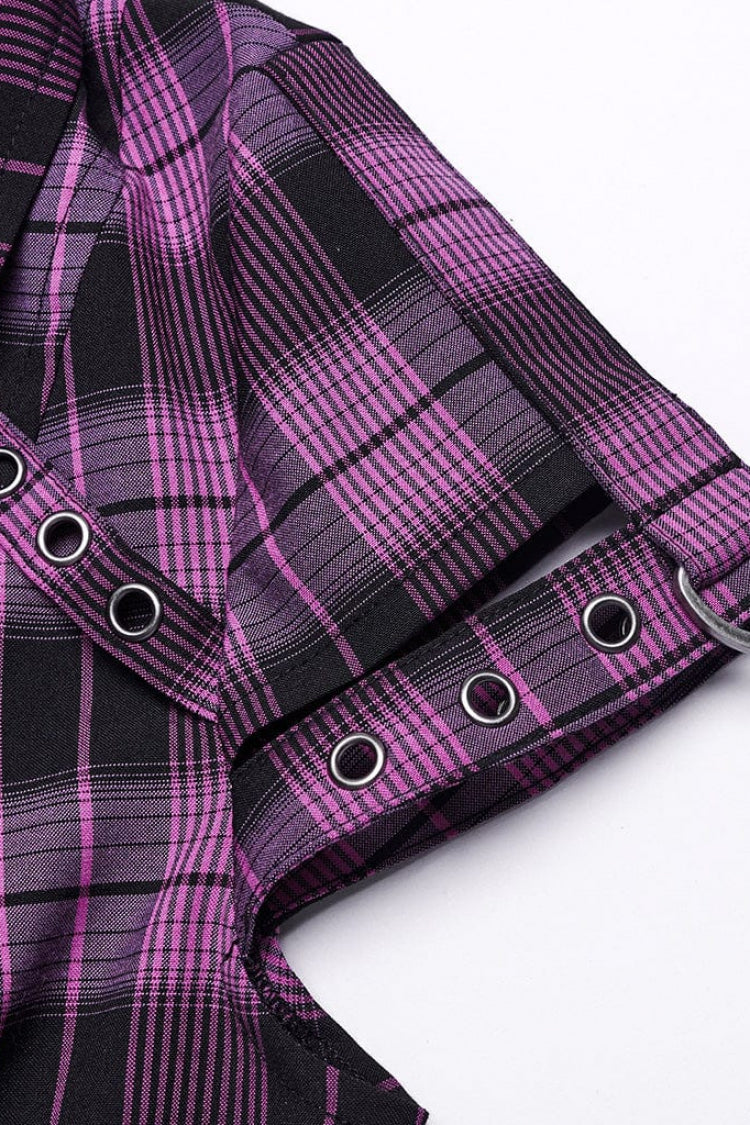 Steampunk Hollow-Lace Plaid Blouse with Short Sleeves in Two Shades - VictorianRose