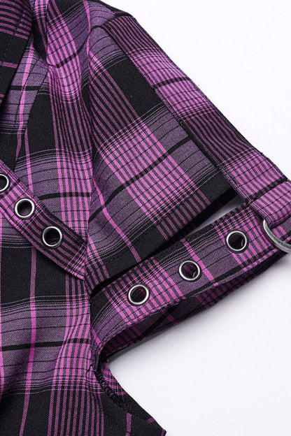 Steampunk Hollow-Lace Plaid Blouse with Short Sleeves in Two Shades - VictorianRose