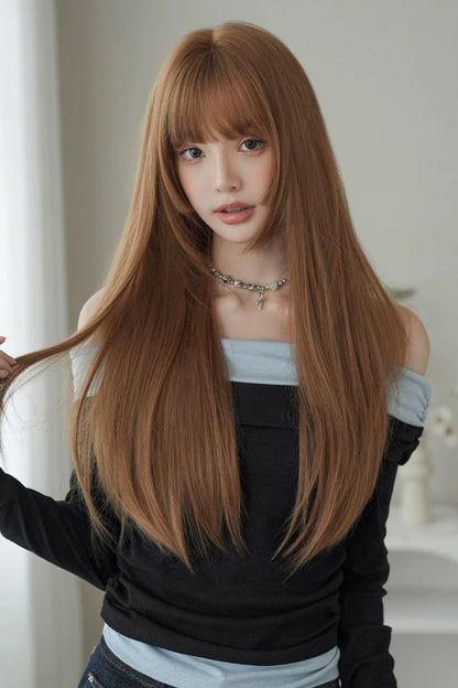 Korean Idol Face-Framing Hime Cut Long Straight Wig with Full Bangs in Mocha Mousse