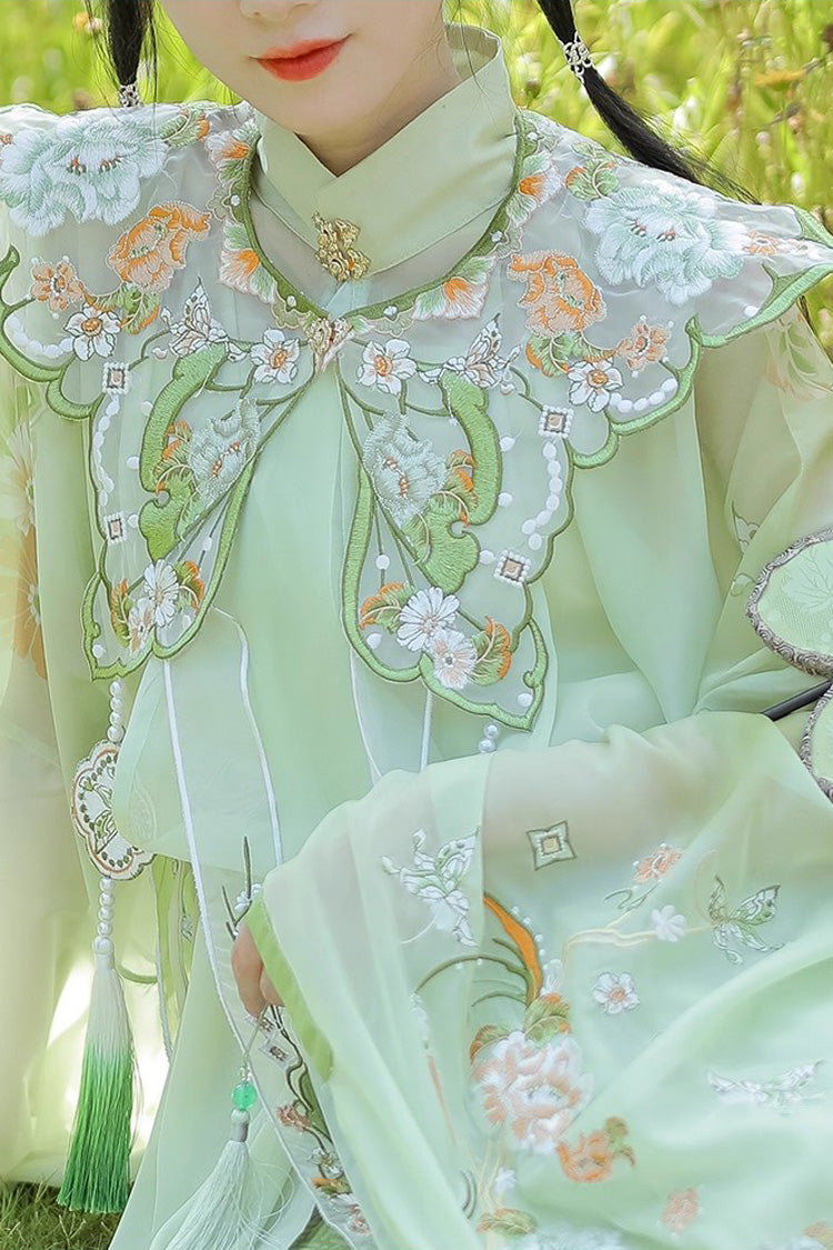 Emerald Ming Dynasty Round Collar Long Sleeve Print Embroidery Sweet Hanfu Outfit