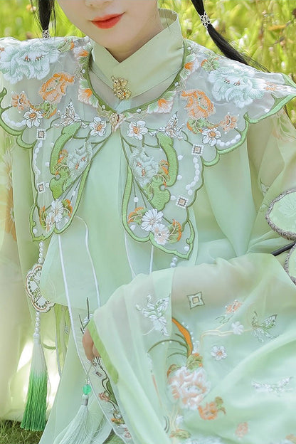 Emerald Ming Dynasty Round Collar Long Sleeve Print Embroidery Sweet Hanfu Outfit
