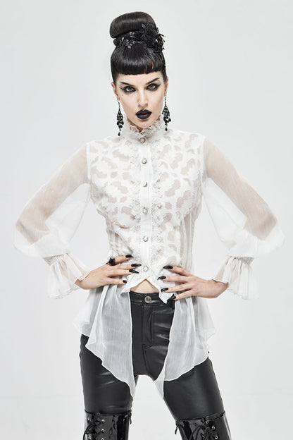Ivory Chiffon High Collar Flared Cuff Back Lace-Up Gothic Blouse