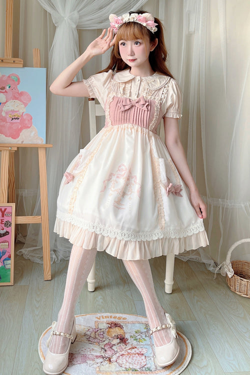 Sweet Lolita JSK Gown with Bear Print, Ruffled Bow & High Waisted Cut
