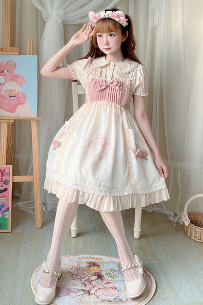 Sweet Lolita JSK Gown with Bear Print, Ruffled Bow & High Waisted Cut