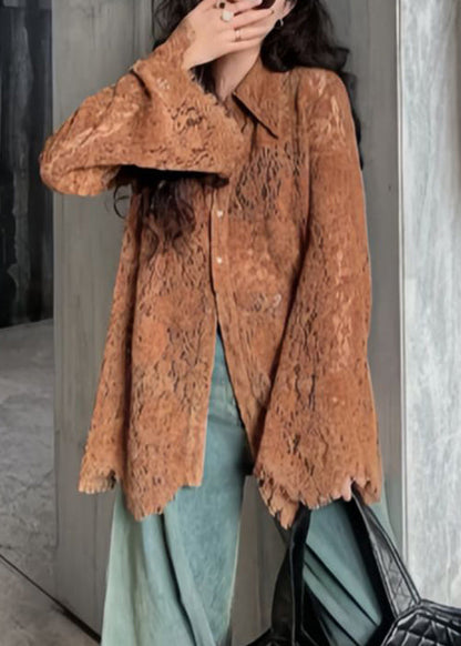 Fashion Top Collar Flare Lace Sleeve Pan Shirts Peter Coffee