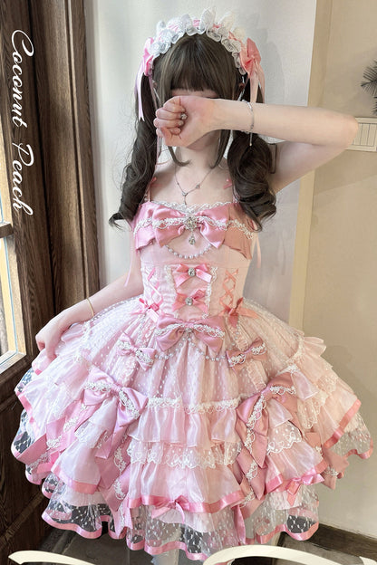 Blush Sleeveless Triple-Tier Ruffle Bow Lace Ballerina JSK - Gem Love