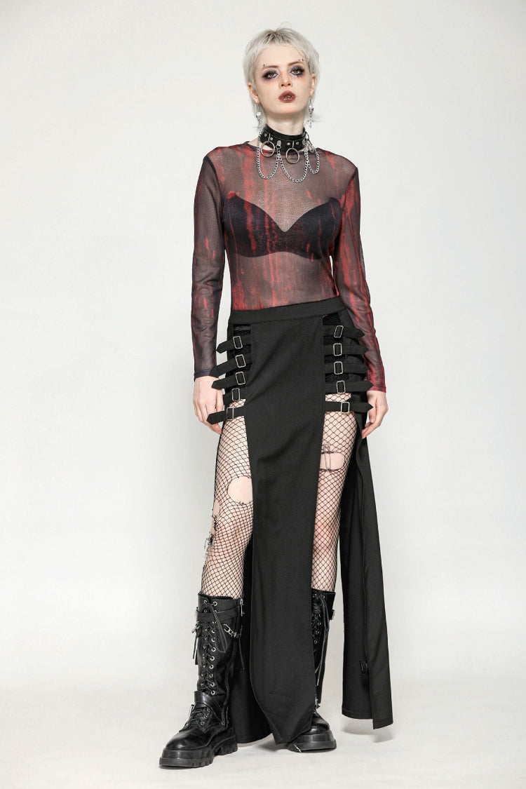 Crimson & Obsidian Round Collar Long Sleeves Sheer Mesh Tie-Dyed Versatile Basic Top
