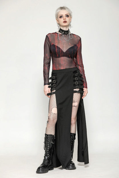 Crimson & Obsidian Round Collar Long Sleeves Sheer Mesh Tie-Dyed Versatile Basic Top