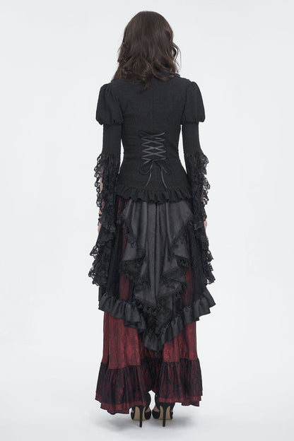Crimson & Obsidian Ruffle Lace Drawstring Gothic Skirt