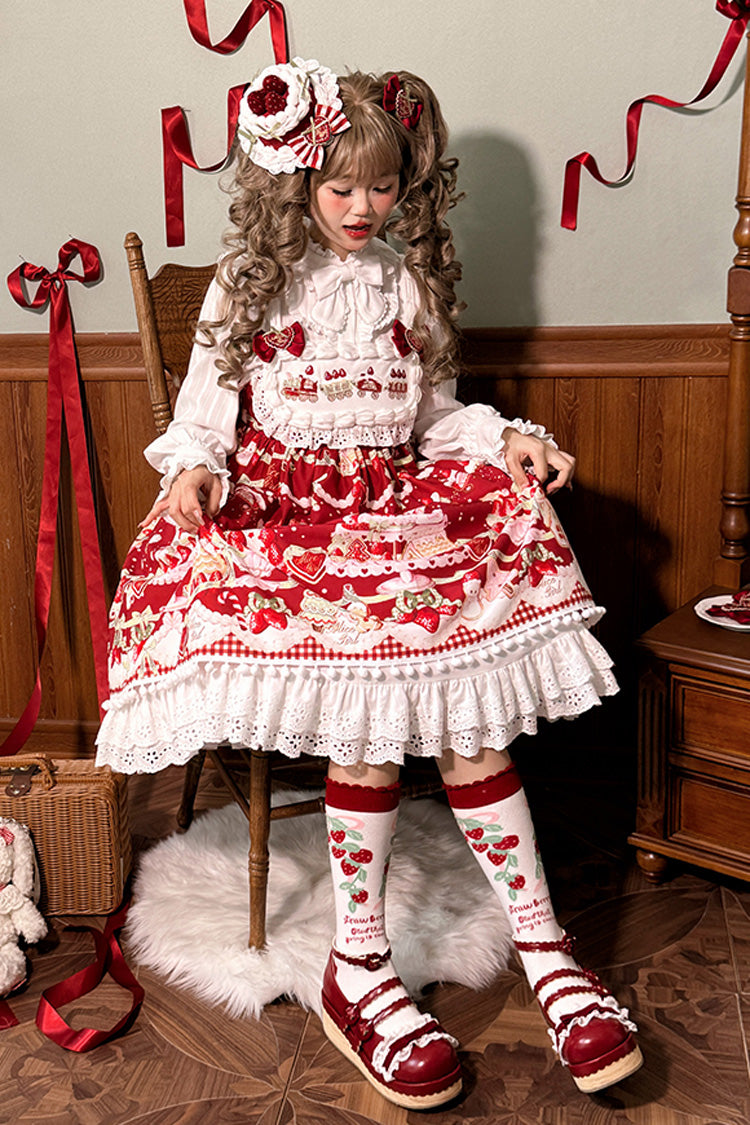 High Waisted Ruffle Bowknot Sweet Lolita JSK Dress with Strawberry Dessert Print - 4 Colors