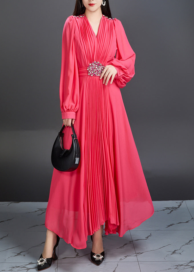 Neuartiges rotes V-Ausschnitt-Falten-Chiffon-langes Kleid Herbst AR1039 