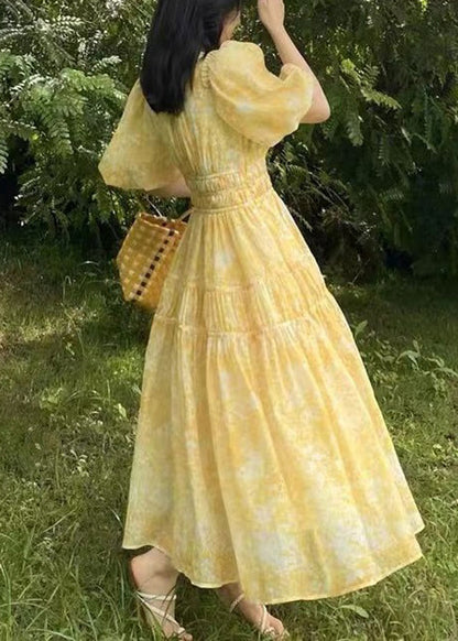Print Bohemian Long Yellow V Neck Summer Dress Chiffon