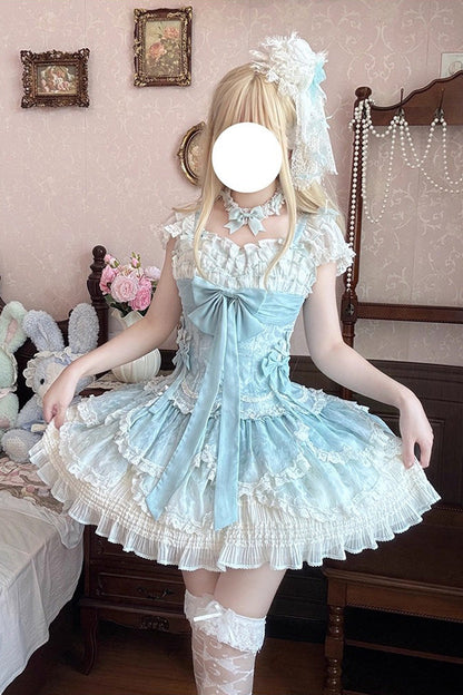 Emerald Short Sleeve Multi-Layer Ruffle Embroidery Bow Lace-Up Sweet Elegant Ballet Lolita Jumper Dress