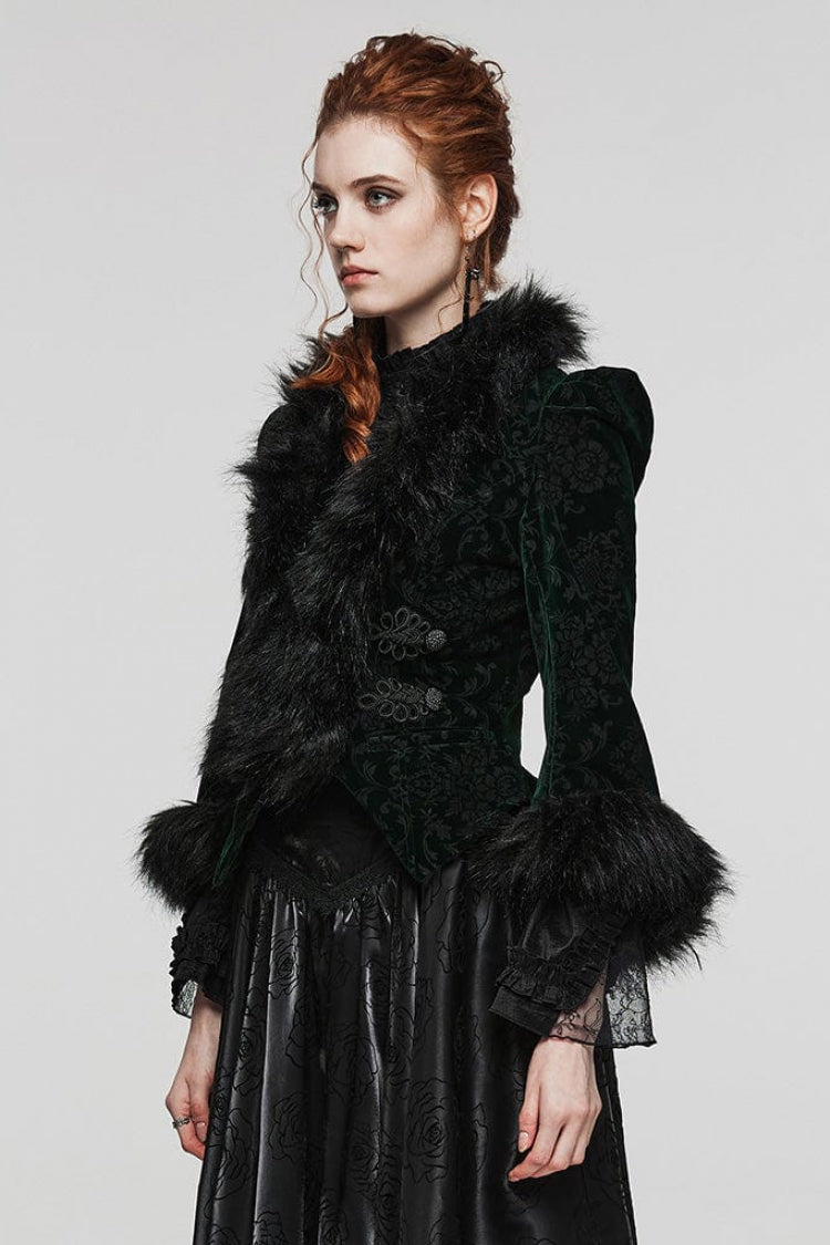 Women's V-Neck Long Sleeve Faux Fur Stitch Gothic Coat Four Shades