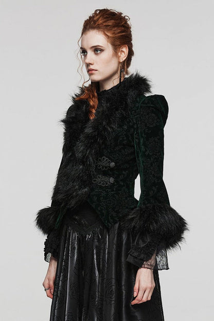 Women's V-Neck Long Sleeve Faux Fur Stitch Gothic Coat Four Shades