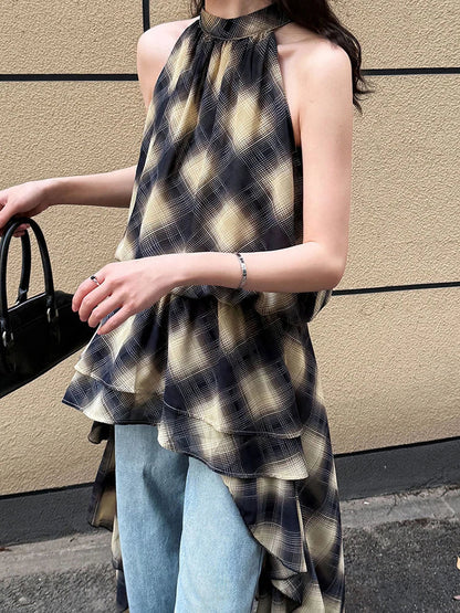 Asymmetric Khaki Plaid Neck Sleeveless Top High-Low Uniaue Halter