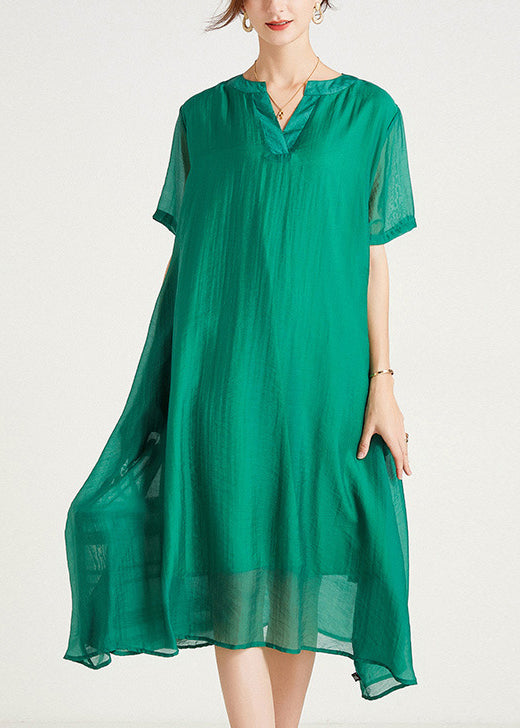 Size Summer Cotton Plus Dresses V Neck Women Green