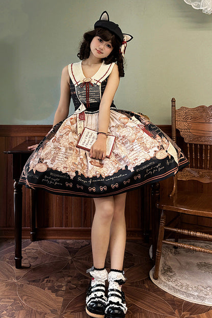 Ebony Printed Square-Collar Bow Classic Jumper Dress - Fox Band