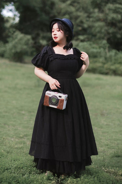 Ebony Square-Collar Short-Sleeve Bow Vintage Gown - Forest Gallery