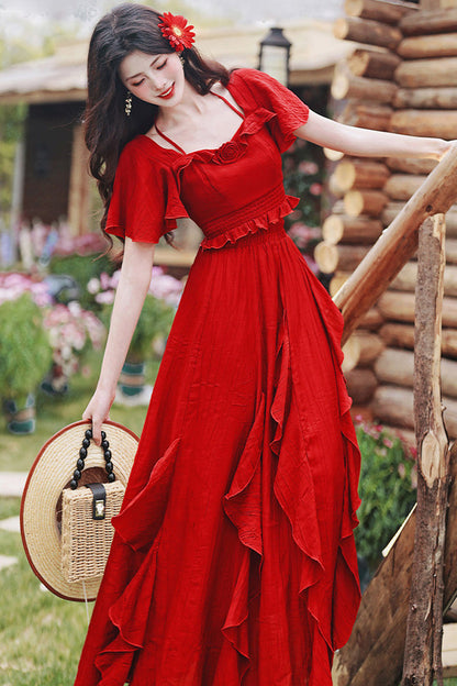 Crimson Halterneck Vintage Lolita Long Skirt Set with Ruffles