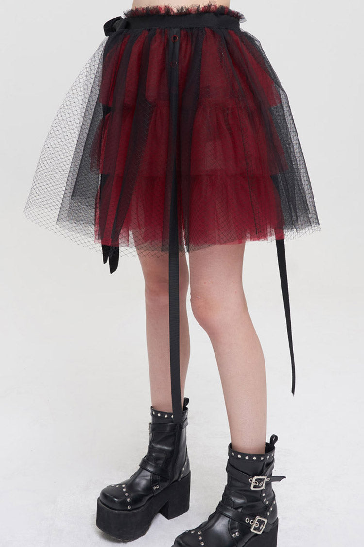 Crimson & Charcoal Punk Mesh Ruffle Rocker Mini Skirt