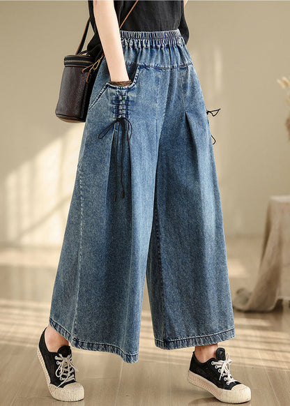 Summer Pants Strap Wide Wrinkled Denim Blue Cross Leg