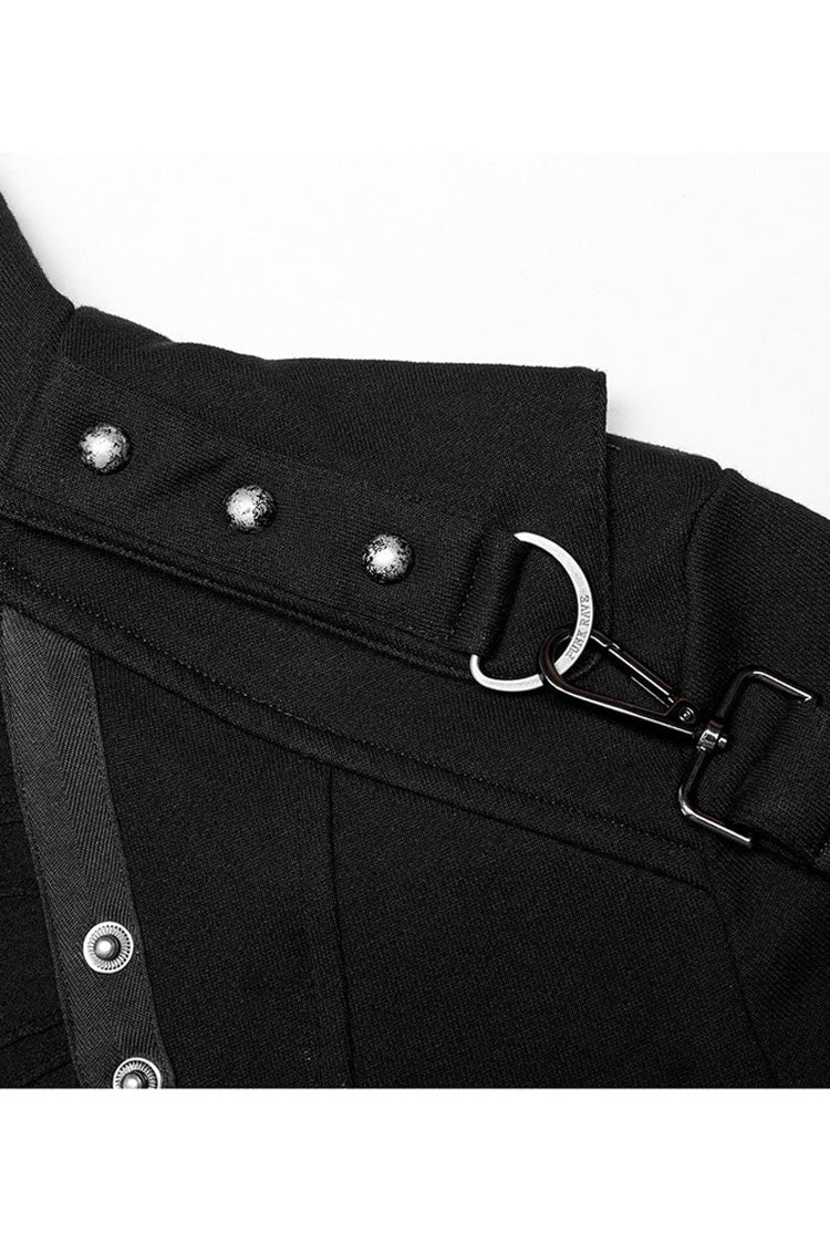 Noir High-Collar Knit Coat with Metal Shoulder Straps