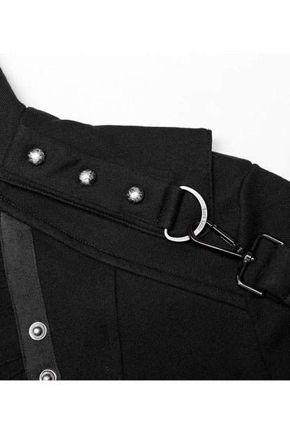 Noir High-Collar Knit Coat with Metal Shoulder Straps