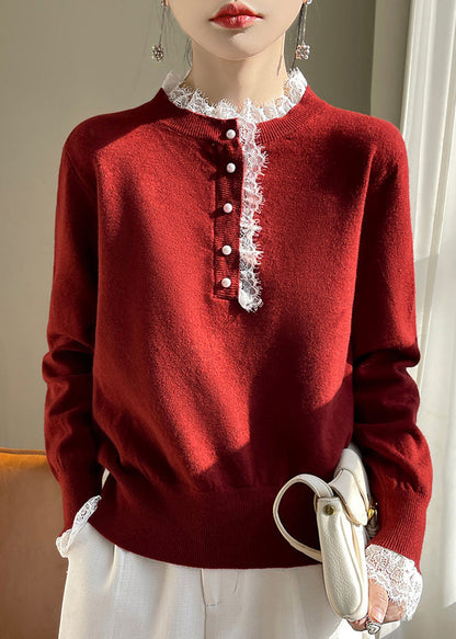 Chic Red Lace Patchwork Wool Knit Sweaters Fall QP065