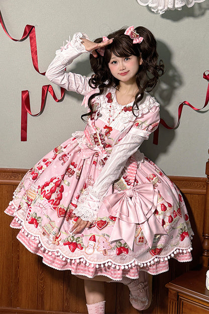 Doll Collar Short Sleeve Print Ruffle Bowknot Sweet Lolita Dress with Strawberry Dessert - 4 Colors