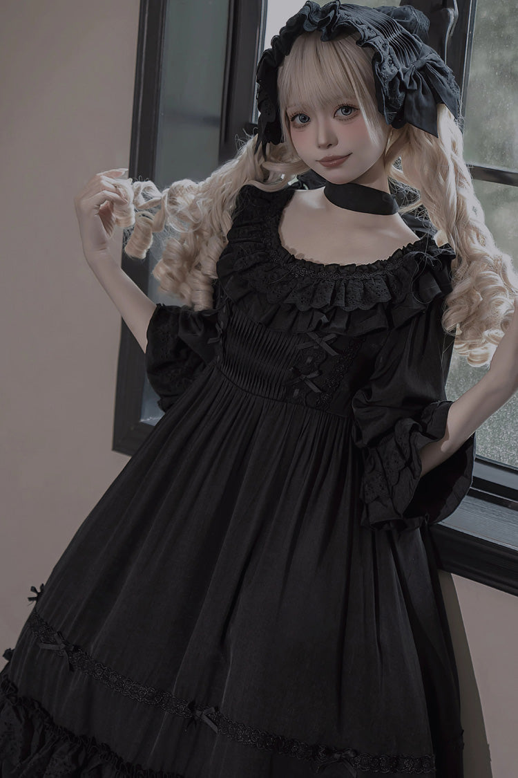 Ebony Short-Sleeve Ruffle Bow Lace-Up Gothic Dress - Good Morning