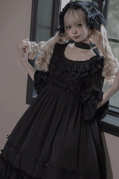 Ebony Short-Sleeve Ruffle Bow Lace-Up Gothic Dress - Good Morning