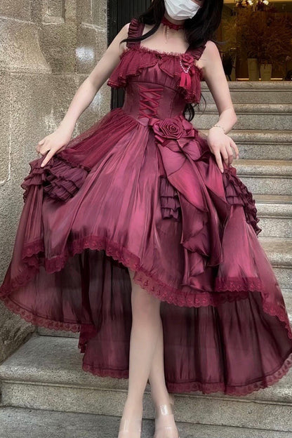 Crimson Square-Neck Sleeveless Princess Lolita JSK with Ruffles and Bow