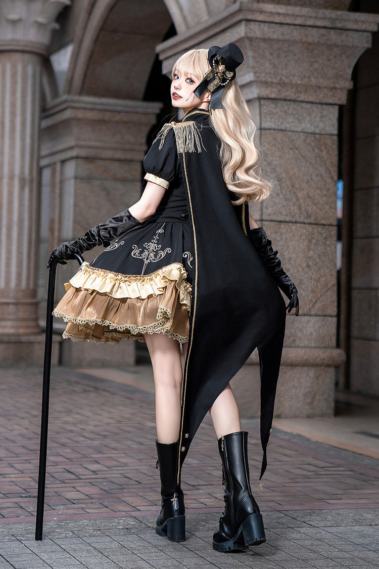 Ebony Short-Sleeve Double-Layered Embroidered Bow Gothic Dress - Gilded Oath