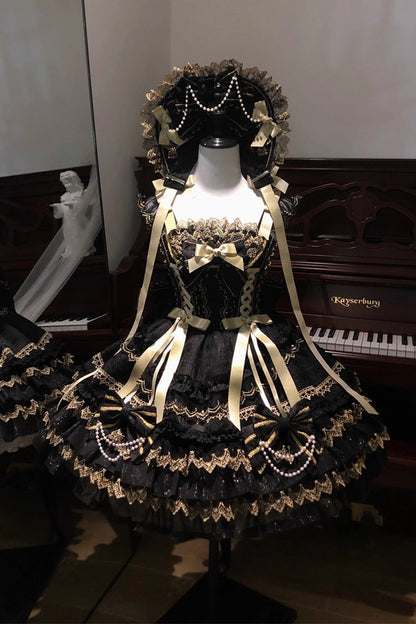 Ebony Sleeveless Tiered Foil-Stamped Bow Lace Sweet JSK - Gilded Memories