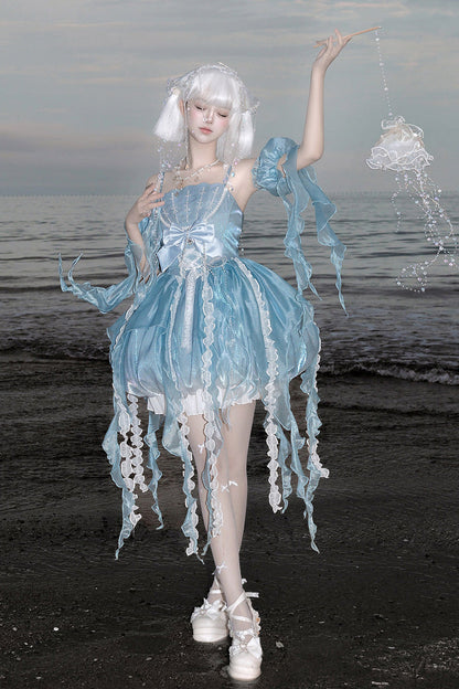 Dreamy Jellyfish Square Collar Printed Ruffled Lace JSK Set